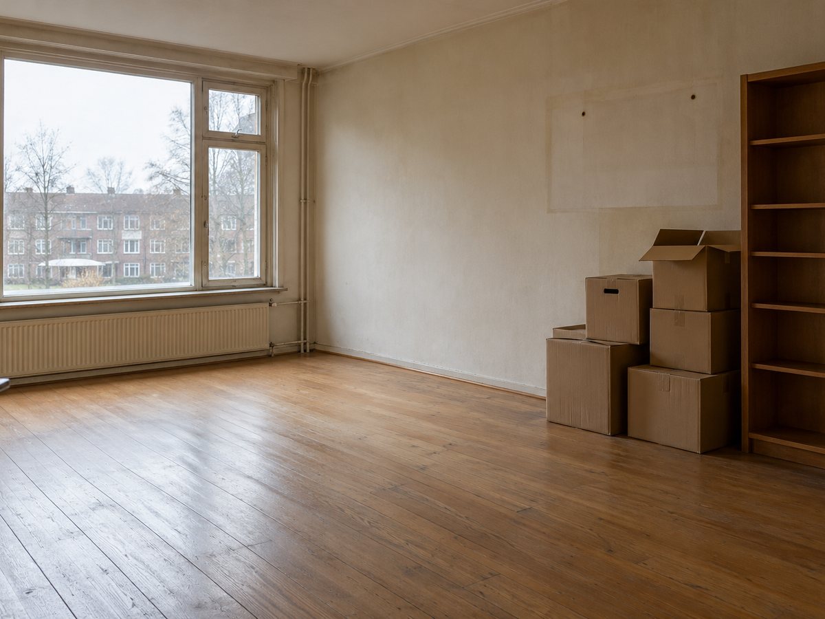 Woonkamer halverwege de ontruiming, dozen tegen de wand