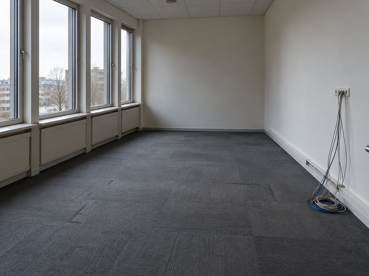 Leeg kantoor na ontruiming, losse kabels aan de wand