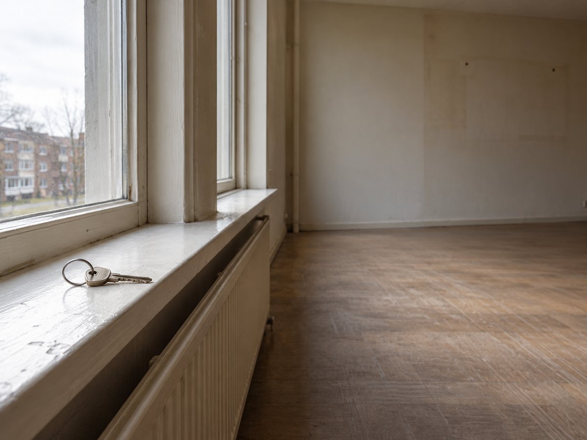 Bezemschoon opgeleverde kamer met de sleutel op de vensterbank