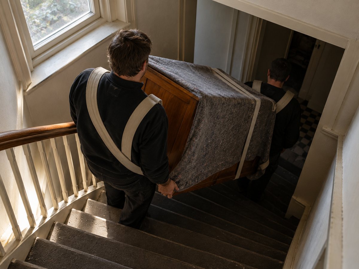 Een kast wordt via het trappenhuis naar beneden gedragen