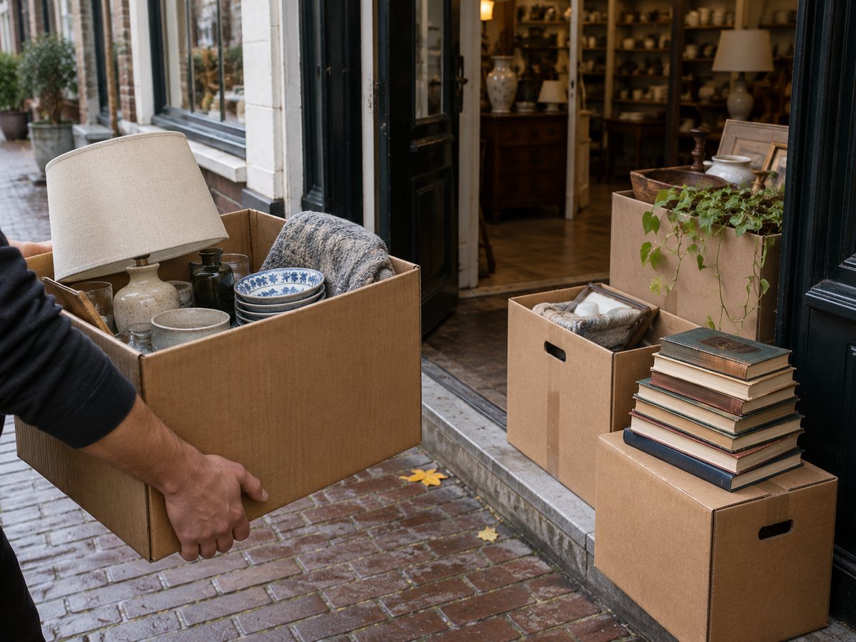 Doos met huisraad wordt naar de kringloopwinkel gebracht