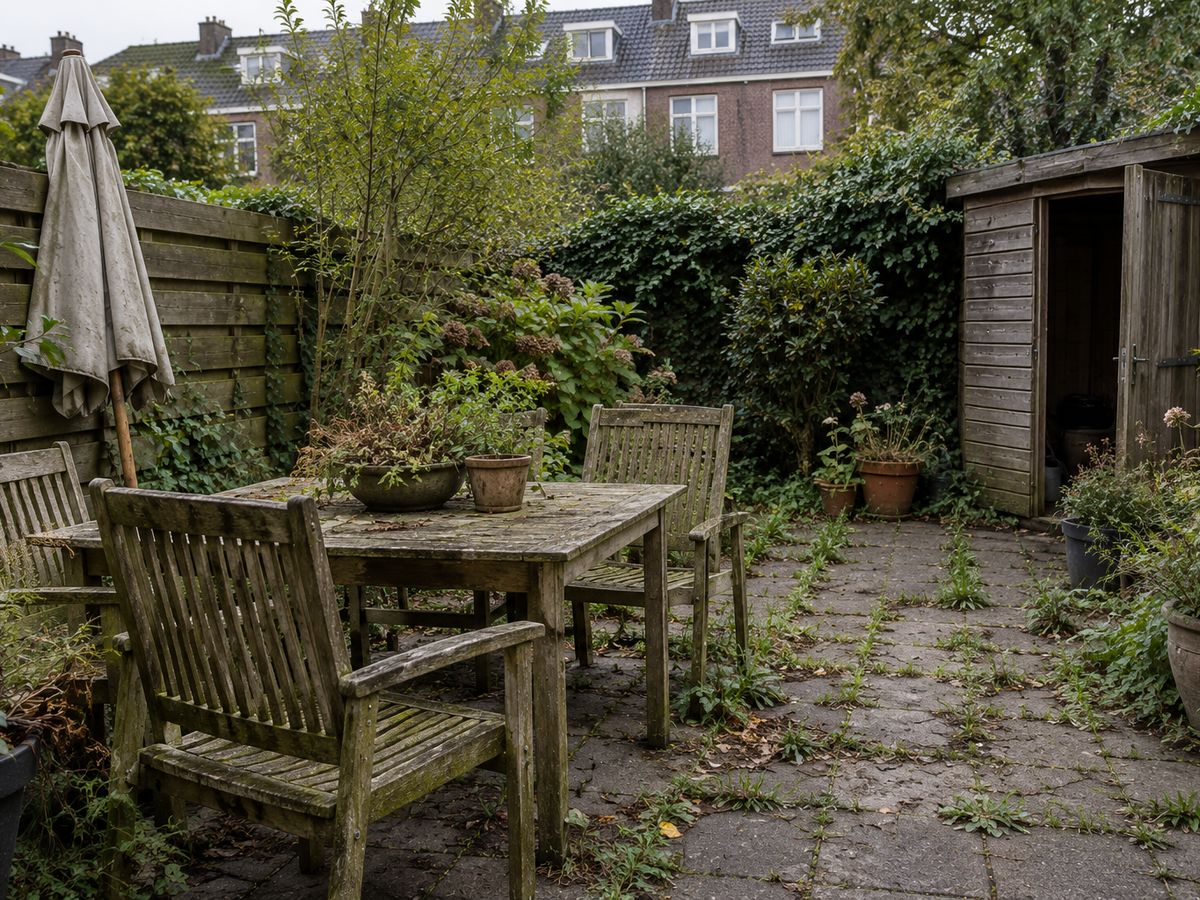 Verwilderde achtertuin met verweerd tuinmeubilair