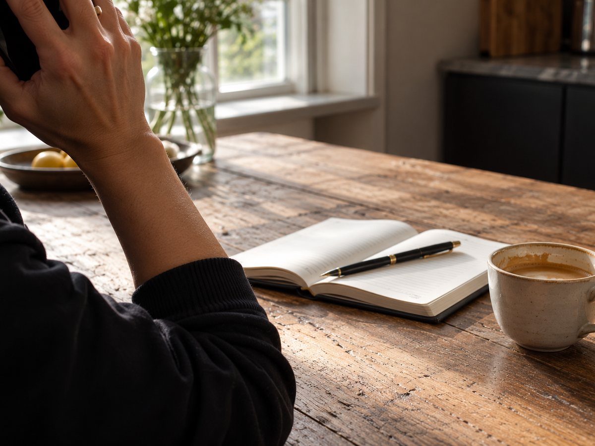 Telefoongesprek aan de keukentafel met een notitieblok