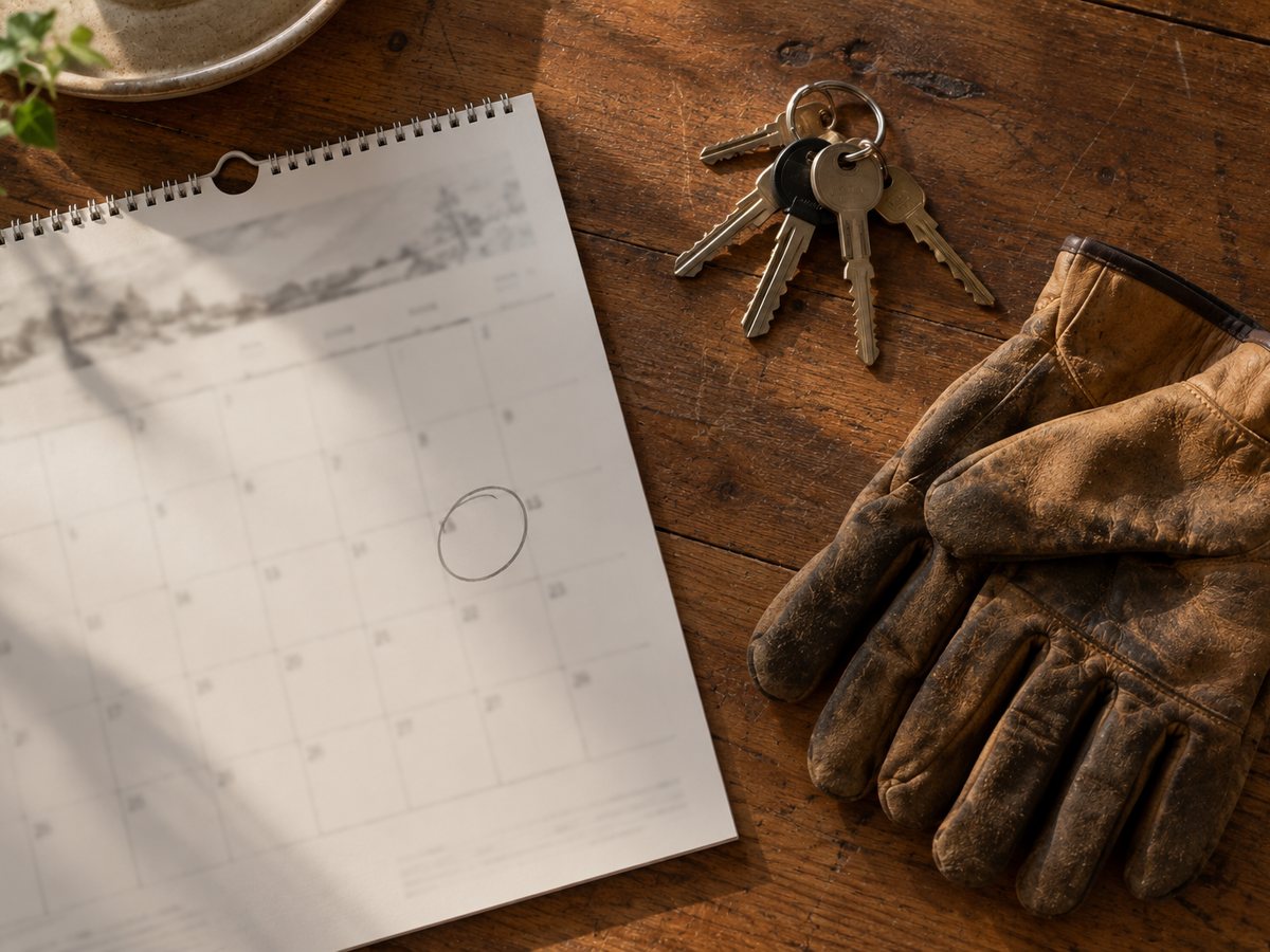 Kalender met een omcirkelde datum, sleutels en werkhandschoenen